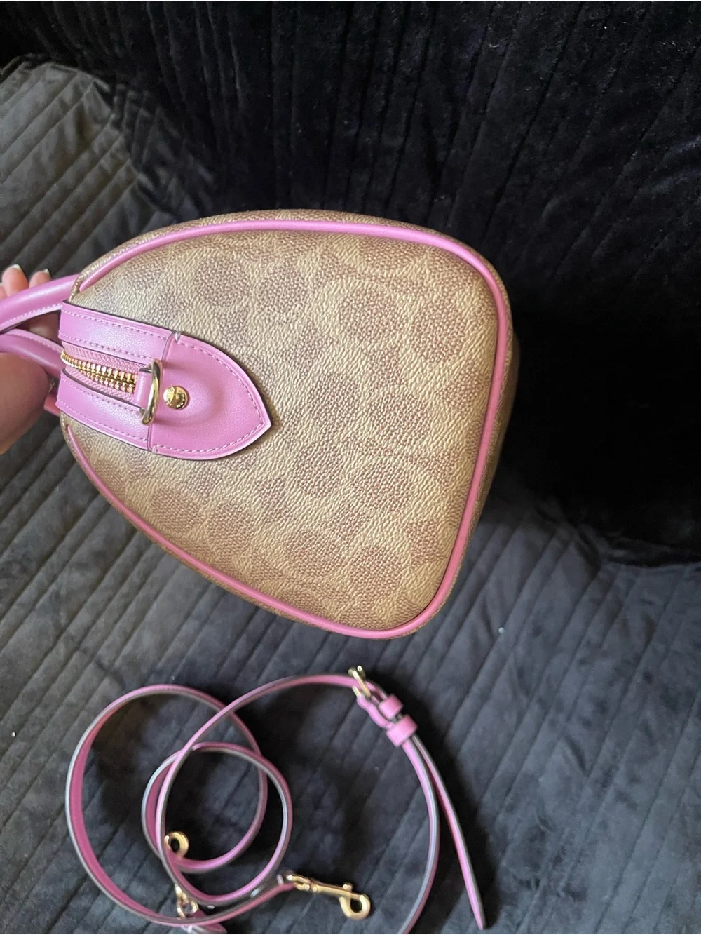 Coach Brown Signature Satchel with Pink Trim and Cherry Charm